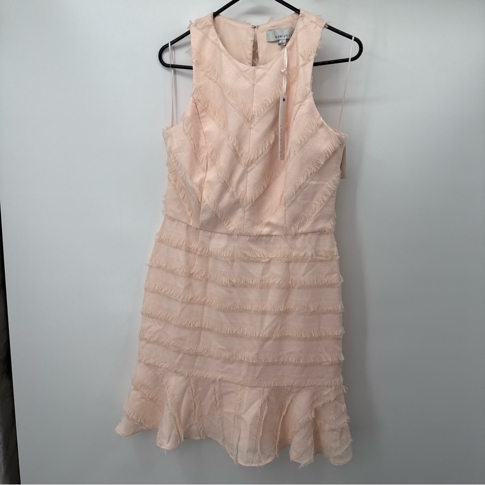 Adelyn Rae Eyelash Fringe pinkish peach sleeveless ruffled Dress sz L